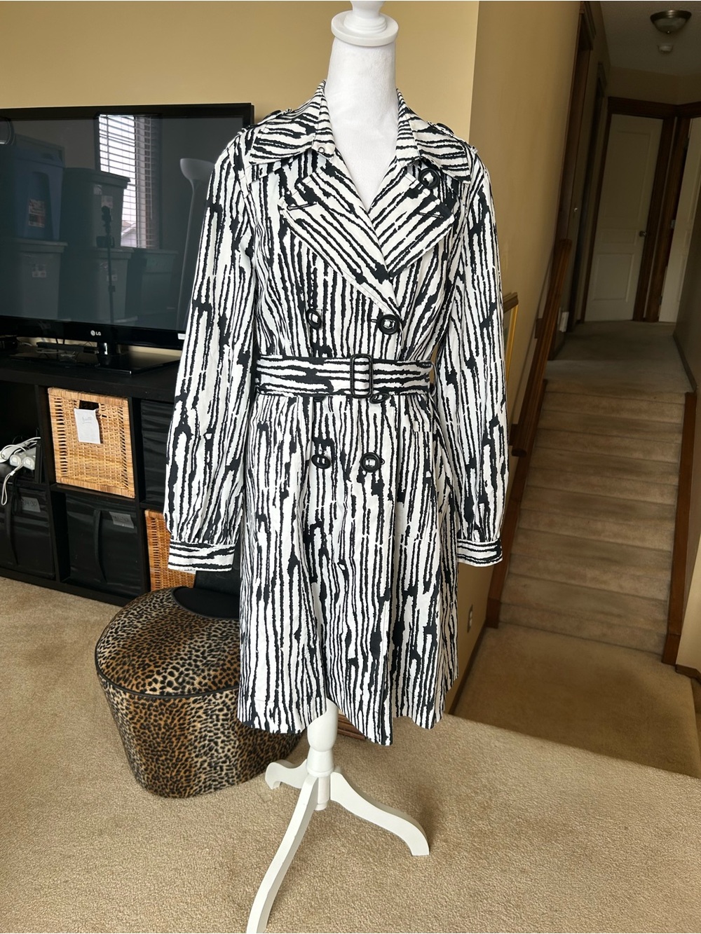 Black & White Abstract Striped Trench Coat